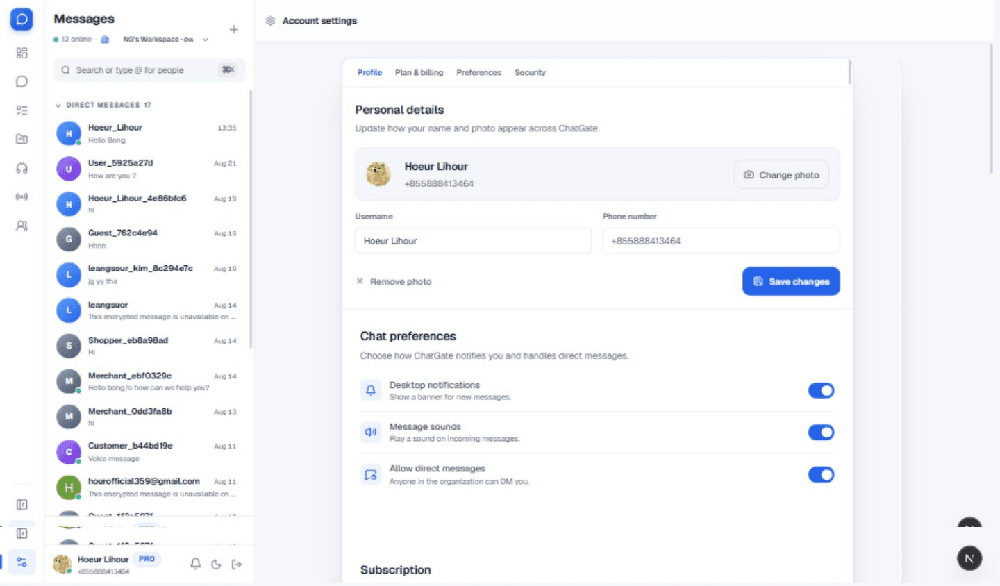 ChatGate account settings and conversation preferences