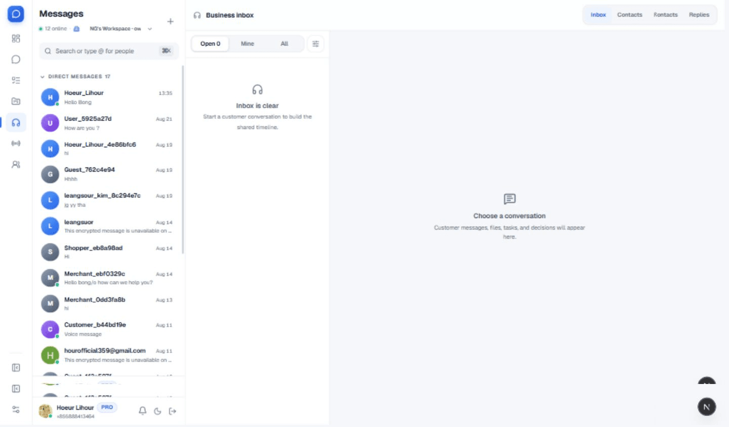 ChatGate business inbox showing support queues and conversation workspace